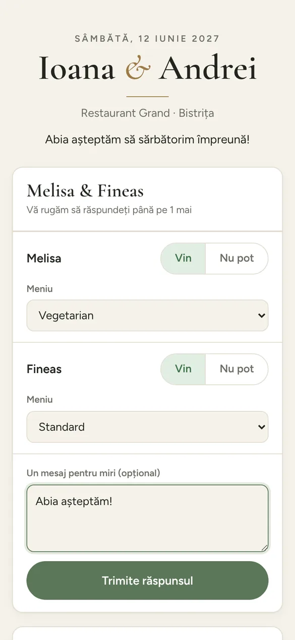 Pagina de confirmare primită de invitați