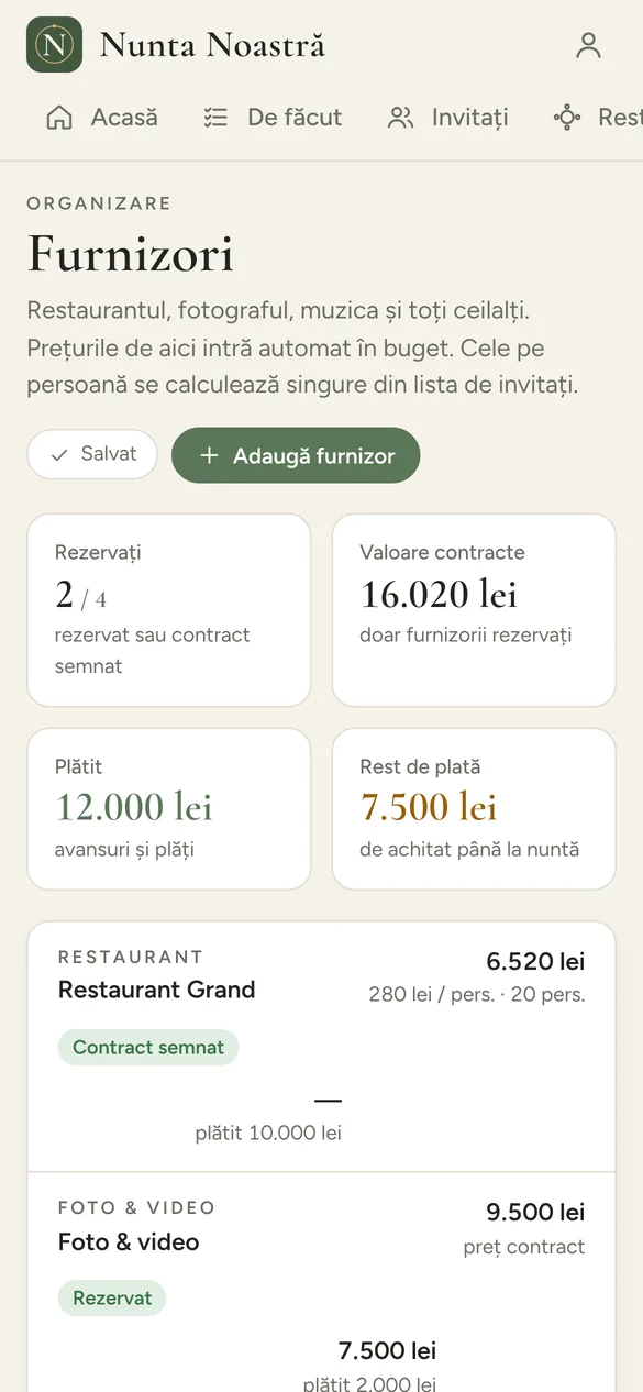 Furnizorii nunții cu prețuri și plăți
