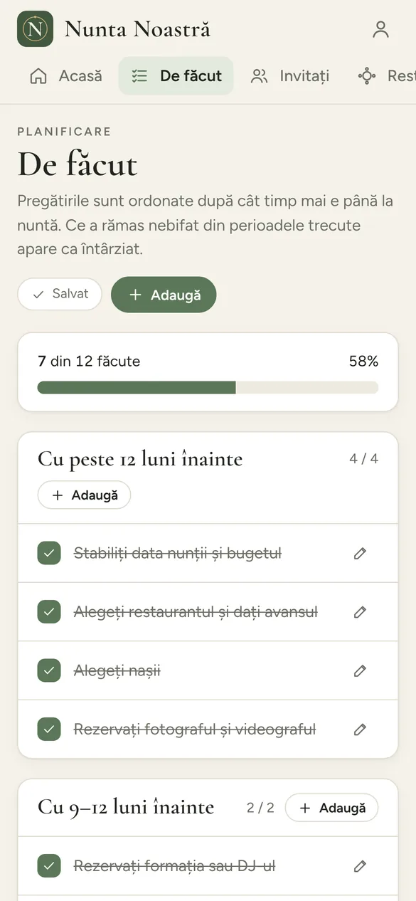 Lista de pregătiri ordonată pe perioade